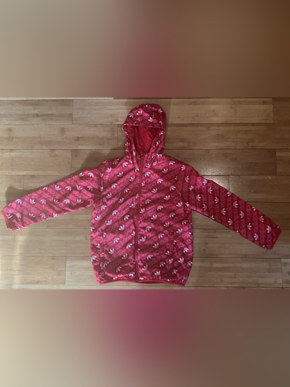 Adidas Originals Monogram Hooded Windbreaker Jacket Red White Youth M 11-12